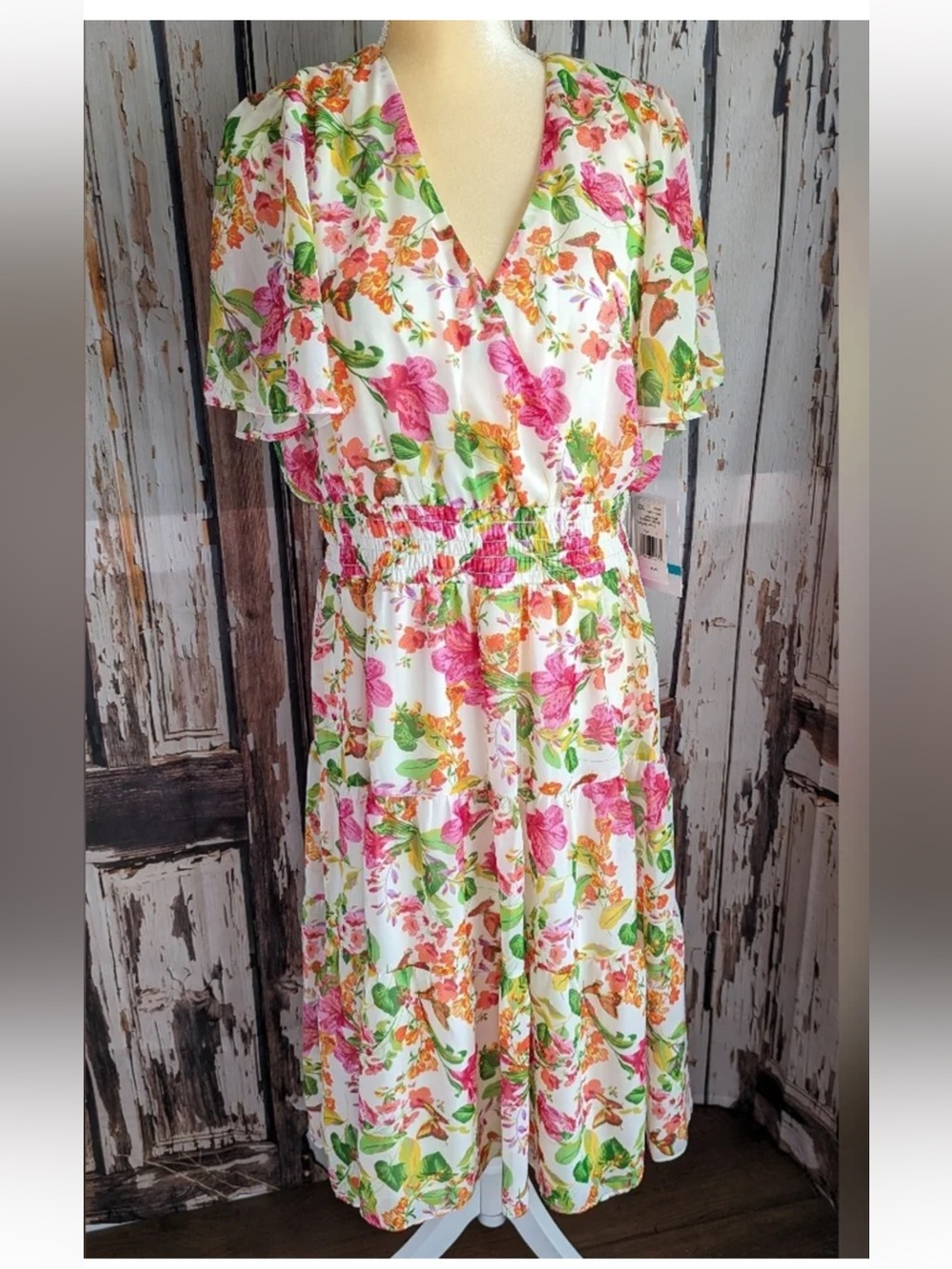 Julian Taylor Pink, Green & Orange Floral Midi Dress